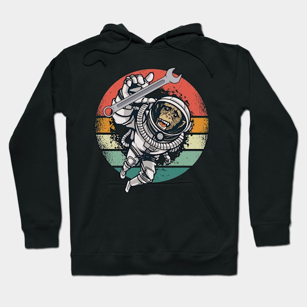 Vintage Space Monkey and Wrench in Orbit Hoodie by Graphic Duster